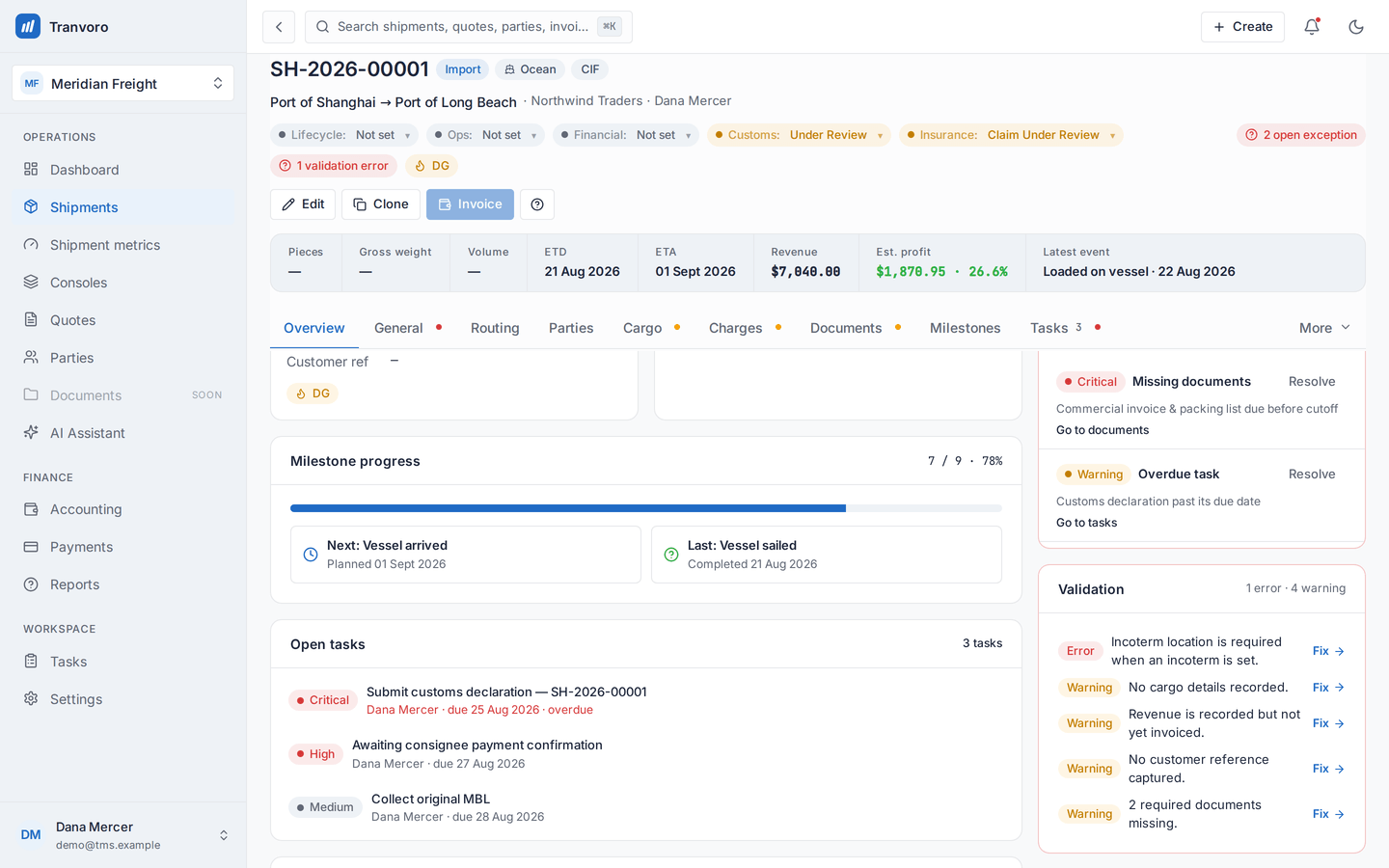 Tranvoro shipment workspace